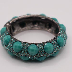Faux Turquoise and Rhinestones Silver Tone Hinged Bracelet